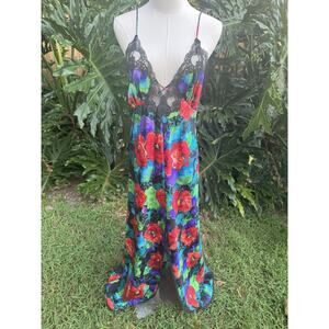 Vintage Long Nightgown Lingerie Floral Black Slit Sexy 80s Slip Gown Size Large
